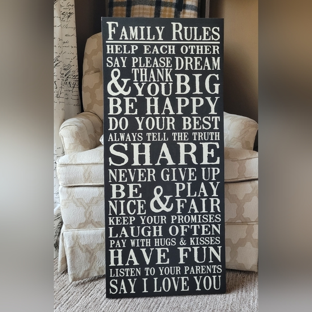 "FAMILY RULES" CANVAS WALL ART WOODEN FRAME BLACK WHITE 15.5"X35.5"